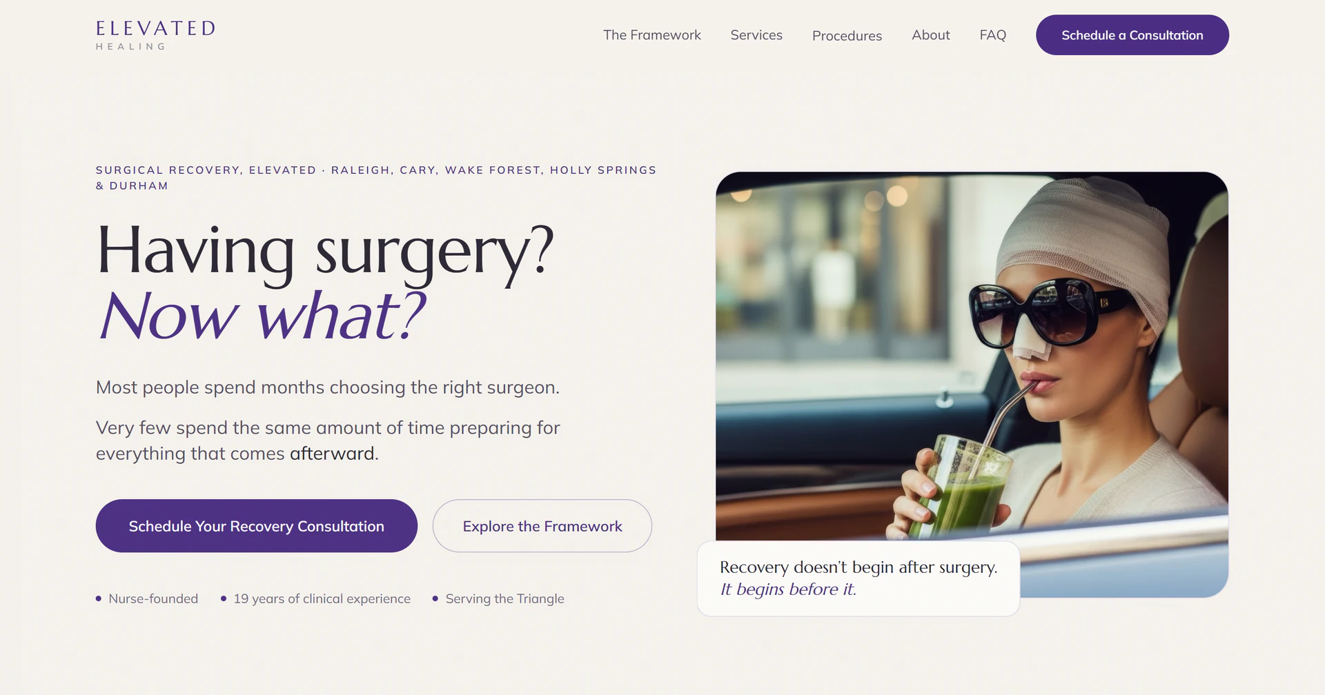 Elevated Healing website: surgical recovery guidance beside a patient photograph and consultation link.