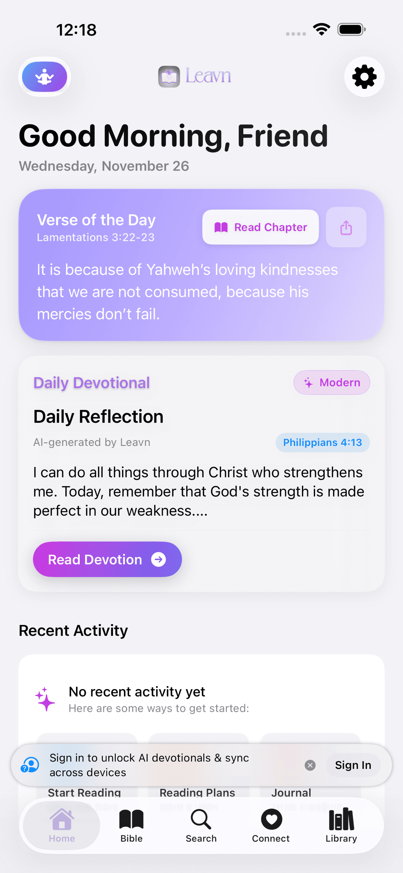 Leavn iOS app home screen