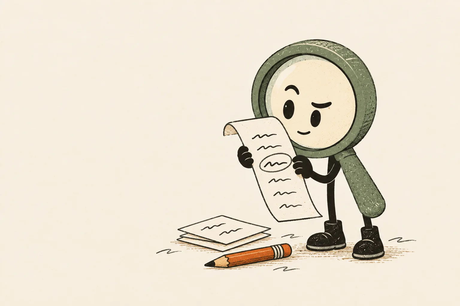 Scout, the green magnifying-glass sidekick, double-checking a paper draft and circling a detail.