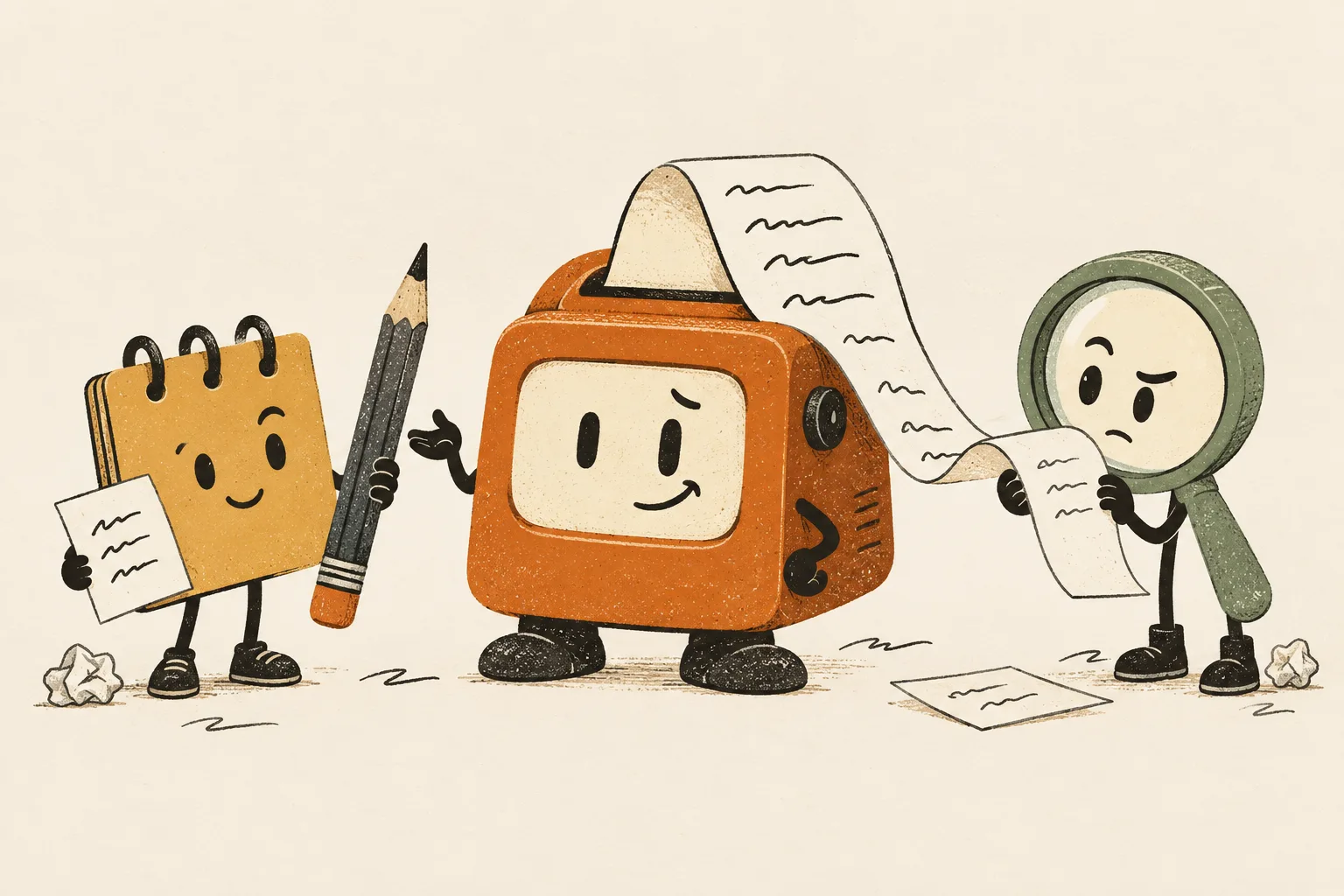 Jot, a yellow notebook with a pencil; Pip, an orange draft-making machine; and Scout, a green magnifying glass, working together on a paper draft.